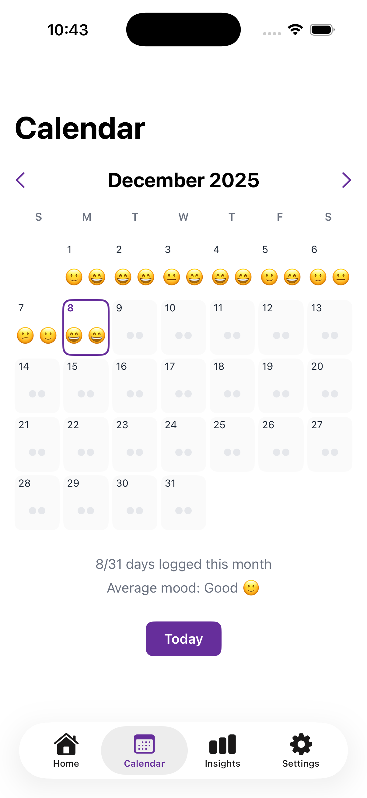 Calendar view showing daily mood entries with emoji indicators